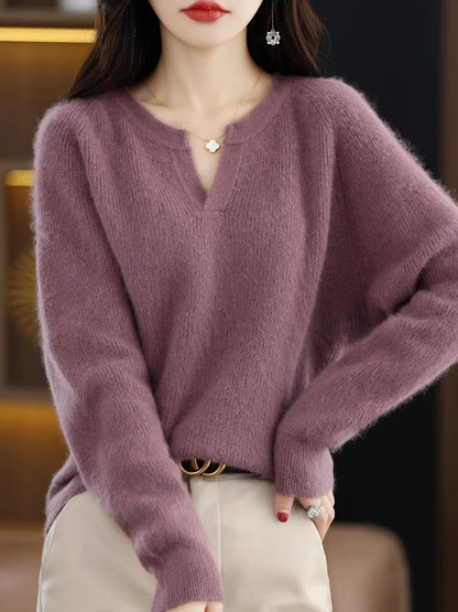 Elegant V-Neck Mink Cashmere Sweater