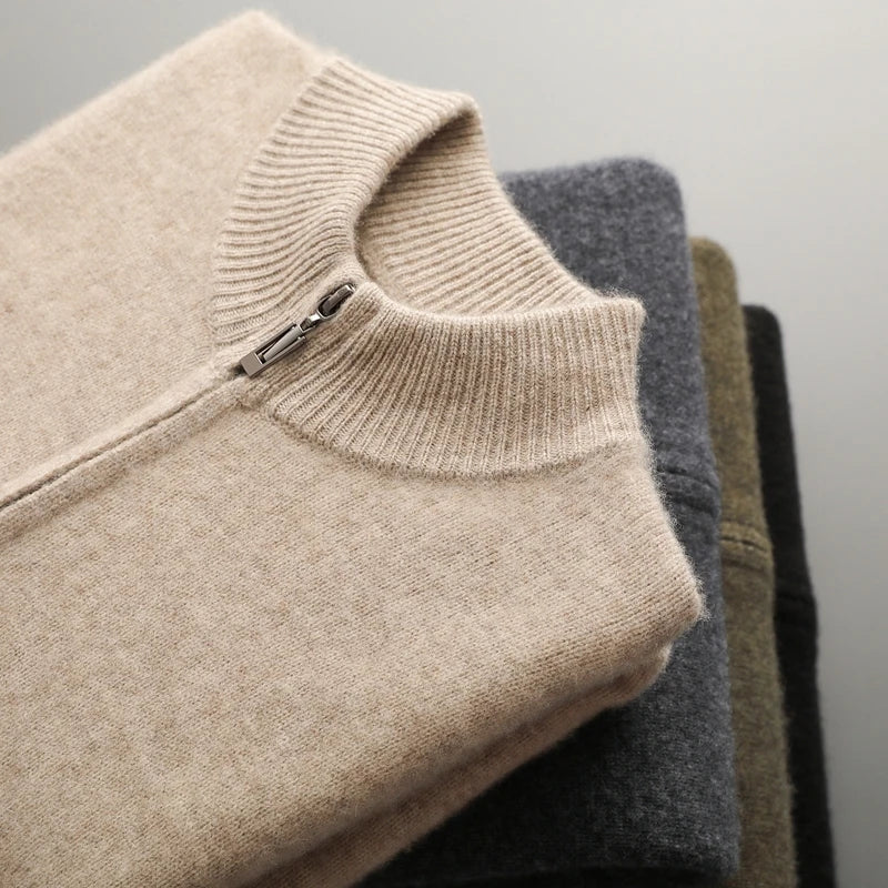 100% Merino Wool Men's Warm Sweater Mock Collar Thickened Zippered Cardigan Autumn Winter New Cashmere Knitted Long Sleeve Tops