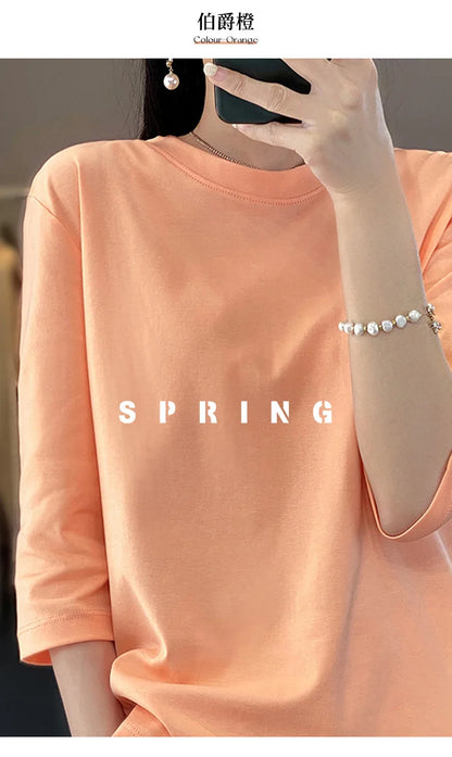 Mercerized Cotton Cropped Sleeve Female Spring And Summer 2023 New Round Neck Loose 100% Cotton Short Sleeve Bottoming T-Shirt