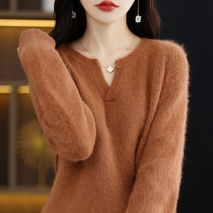 Elegant V-Neck Mink Cashmere Sweater