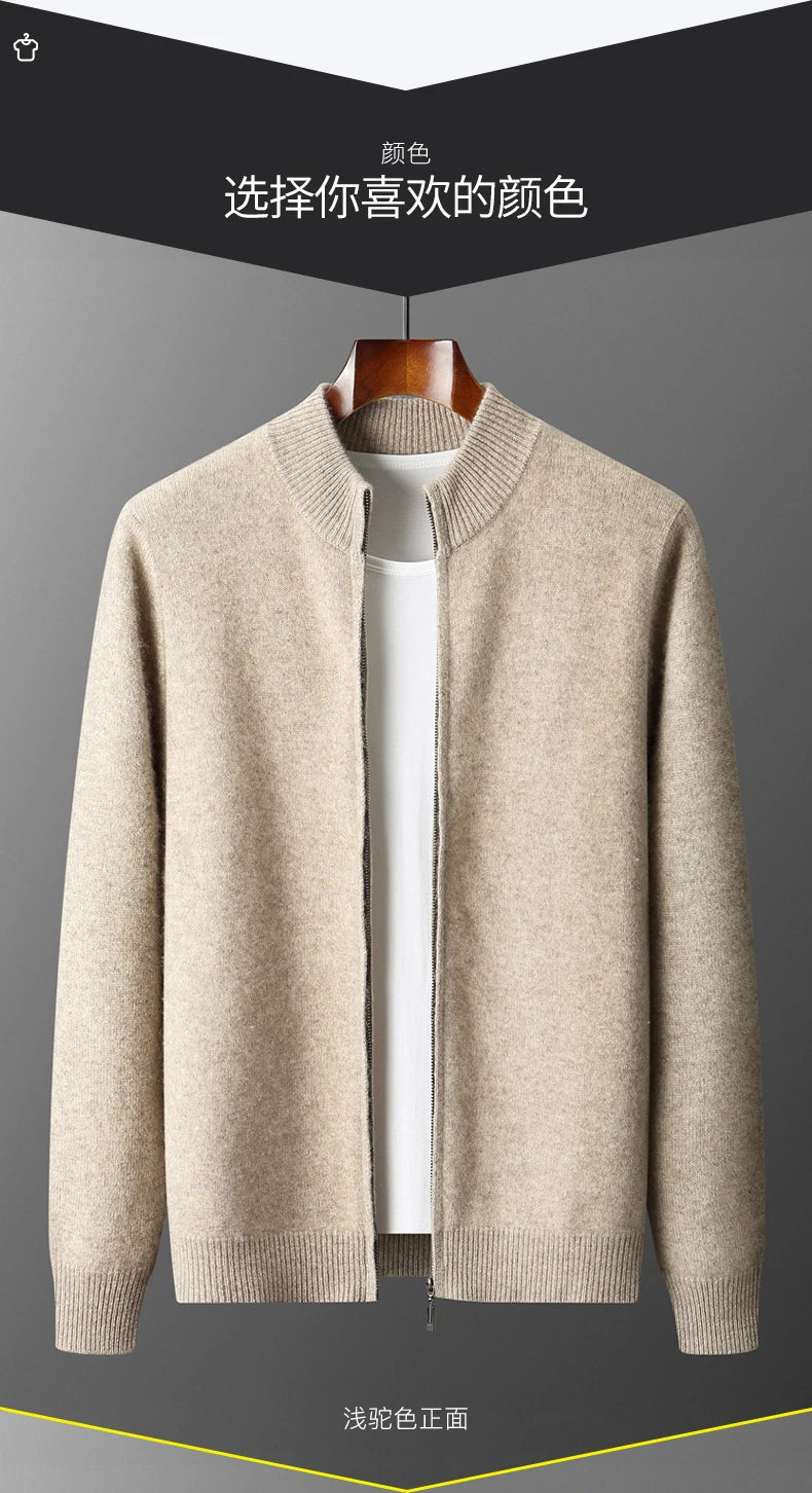 100% Merino Wool Men's Warm Sweater Mock Collar Thickened Zippered Cardigan Autumn Winter New Cashmere Knitted Long Sleeve Tops