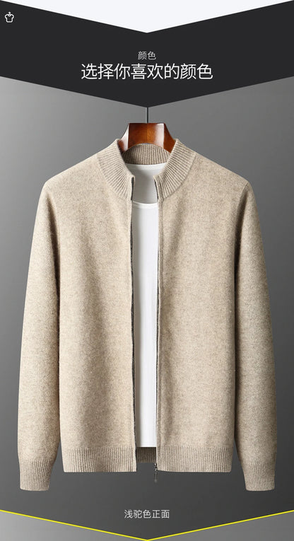 100% Merino Wool Men's Warm Sweater Mock Collar Thickened Zippered Cardigan Autumn Winter New Cashmere Knitted Long Sleeve Tops