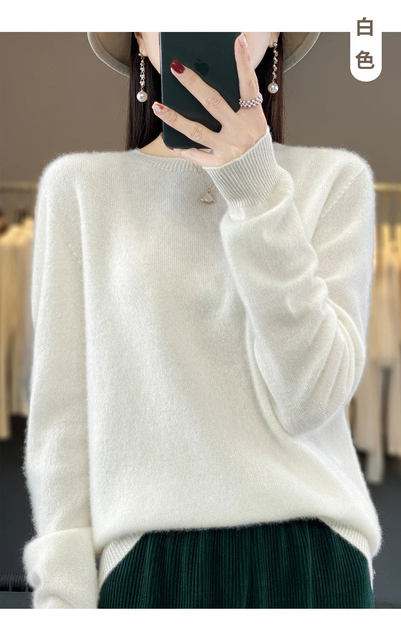 100% Merino Wool Sweater Women O-neck Cashmere Knitwear Female Pullover Autumn Winter Casual Tops Solid Color Soft  Clothing