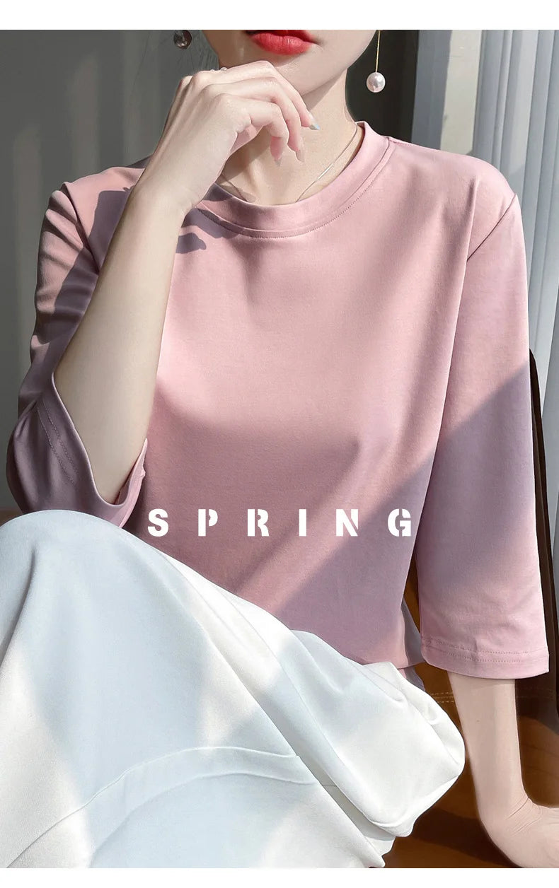 Mercerized Cotton Cropped Sleeve Female Spring And Summer 2023 New Round Neck Loose 100% Cotton Short Sleeve Bottoming T-Shirt