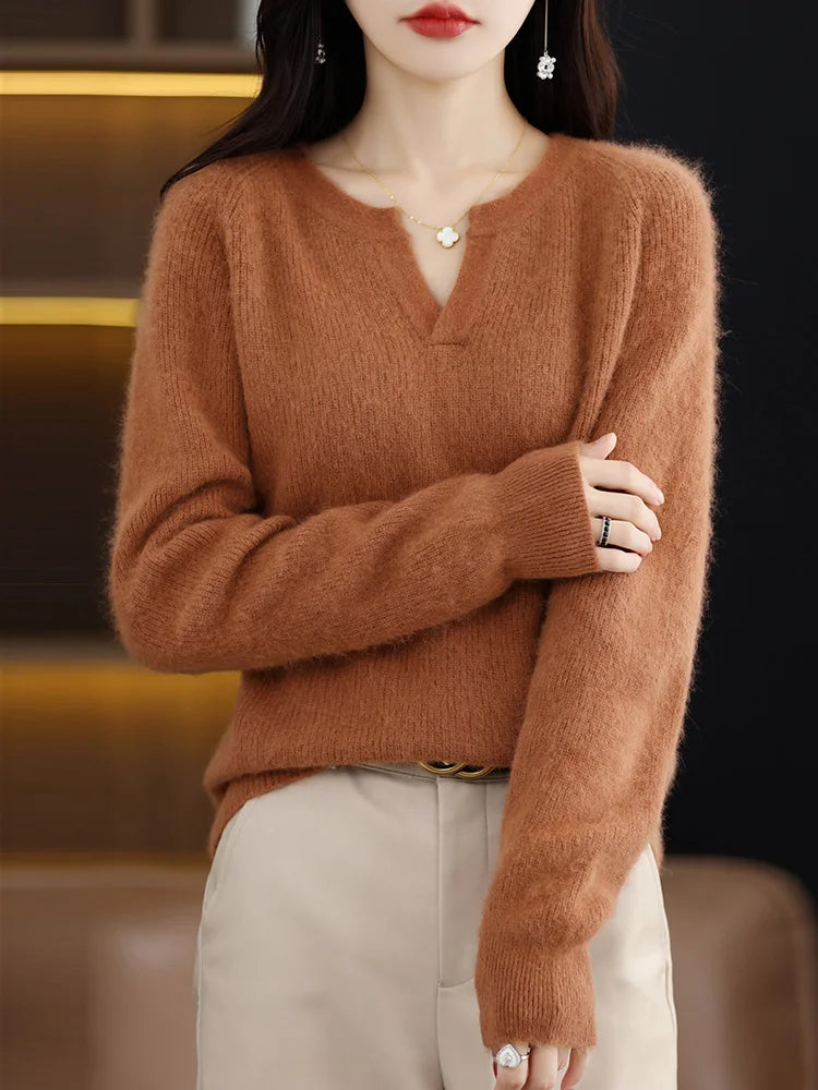 Elegant V-Neck Mink Cashmere Sweater