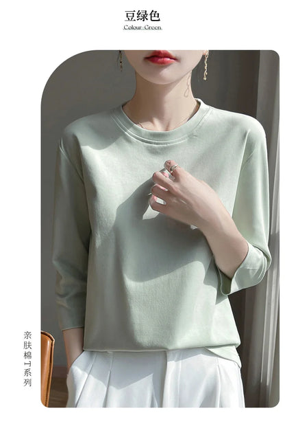 Mercerized Cotton Cropped Sleeve Female Spring And Summer 2023 New Round Neck Loose 100% Cotton Short Sleeve Bottoming T-Shirt