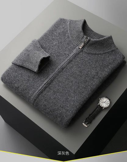 100% Merino Wool Men's Warm Sweater Mock Collar Thickened Zippered Cardigan Autumn Winter New Cashmere Knitted Long Sleeve Tops
