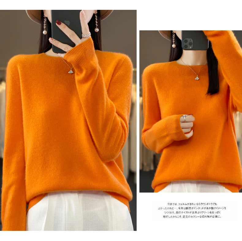 100% Merino Wool Sweater Women O-neck Cashmere Knitwear Female Pullover Autumn Winter Casual Tops Solid Color Soft  Clothing