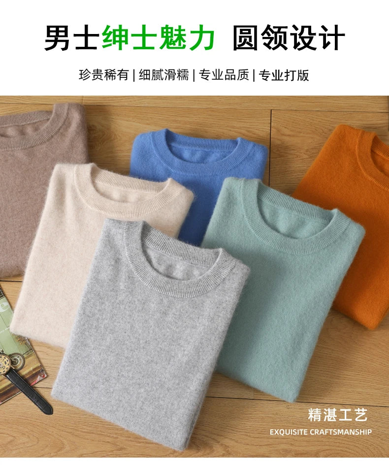 Men's 100% Pure Mink Cashmere Sweater O-Neck Pullovers Knit Sweater Autumn and Winter New Long Sleeve High-End Jumpers Mink Tops