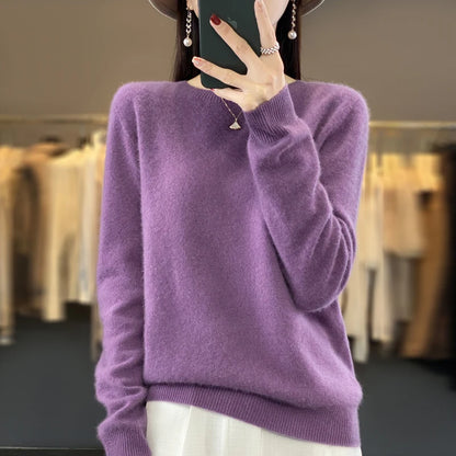100% Merino Wool Sweater Women O-neck Cashmere Knitwear Female Pullover Autumn Winter Casual Tops Solid Color Soft  Clothing
