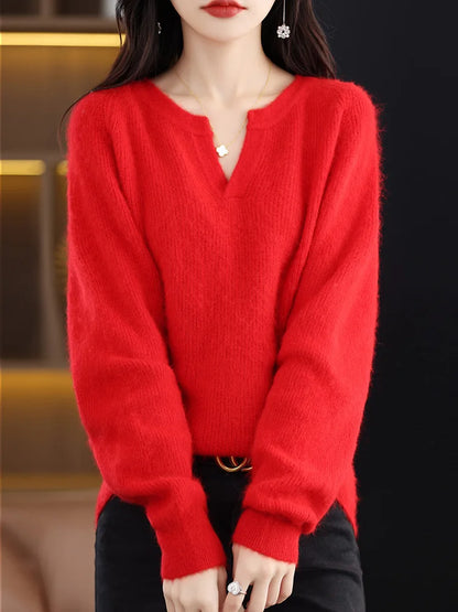 Elegant V-Neck Mink Cashmere Sweater