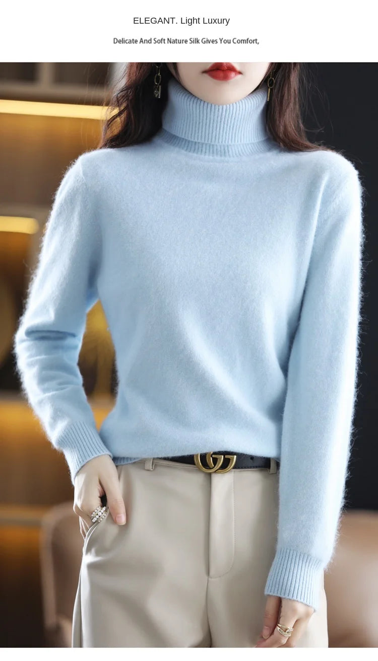 New Women's Clothing For Autumn/Winter 2024 100% Mink Plush Turtleneck Pullover Sweater Ladies Cashmere Sweater Dbr-018