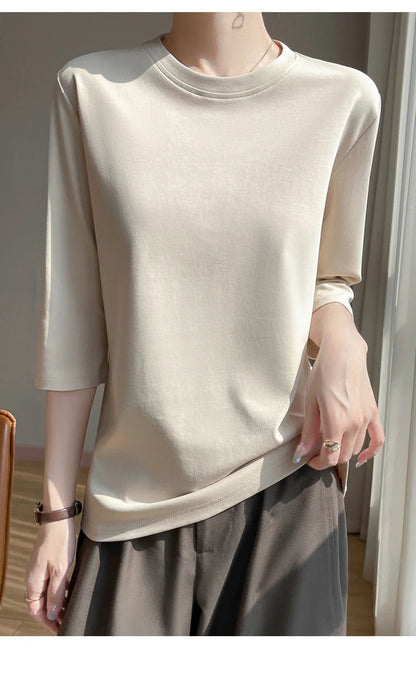 Mercerized Cotton Cropped Sleeve Female Spring And Summer 2023 New Round Neck Loose 100% Cotton Short Sleeve Bottoming T-Shirt
