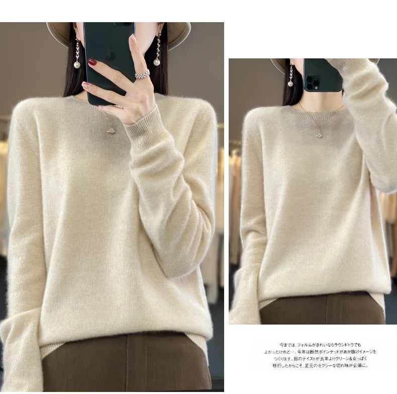 100% Merino Wool Sweater Women O-neck Cashmere Knitwear Female Pullover Autumn Winter Casual Tops Solid Color Soft  Clothing