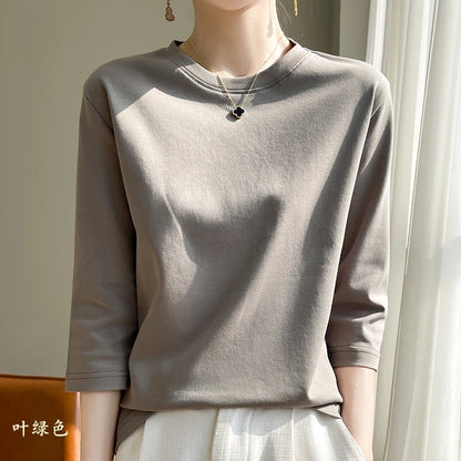 Mercerized Cotton Cropped Sleeve Female Spring And Summer 2023 New Round Neck Loose 100% Cotton Short Sleeve Bottoming T-Shirt