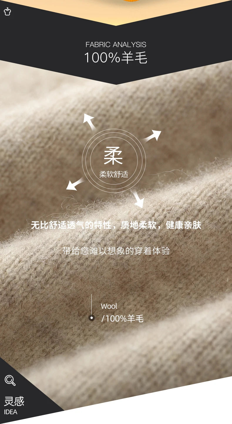 100% Merino Wool Men's Warm Sweater Mock Collar Thickened Zippered Cardigan Autumn Winter New Cashmere Knitted Long Sleeve Tops