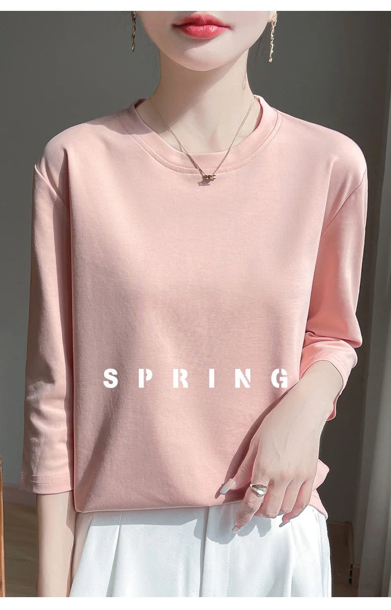 Mercerized Cotton Cropped Sleeve Female Spring And Summer 2023 New Round Neck Loose 100% Cotton Short Sleeve Bottoming T-Shirt
