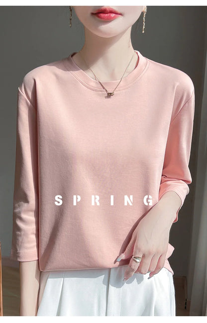 Mercerized Cotton Cropped Sleeve Female Spring And Summer 2023 New Round Neck Loose 100% Cotton Short Sleeve Bottoming T-Shirt