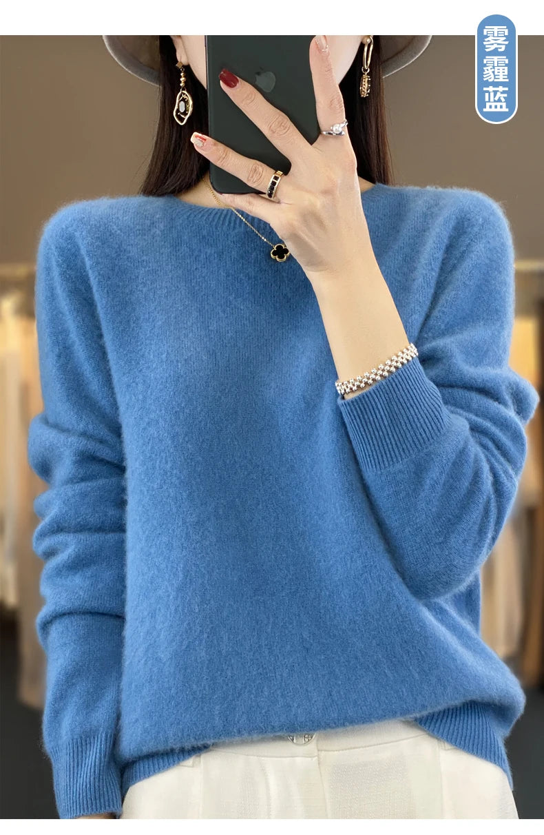 100% Merino Wool Sweater Women O-neck Cashmere Knitwear Female Pullover Autumn Winter Casual Tops Solid Color Soft  Clothing