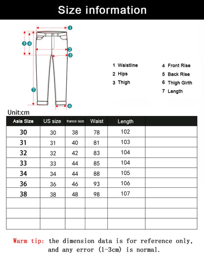 Size chart showing Asian and US sizes with waist and length measurements for men’s jeans