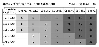 Size chart table showing measurements