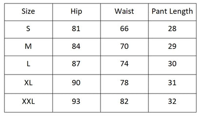 Sizing chart for dual-layer workout shorts including hip, waist, and pant length measurements