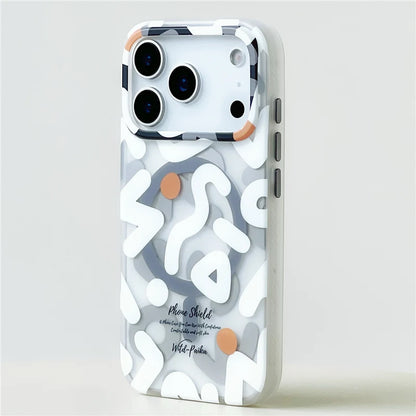 Standing white graffiti iPhone 17 MagSafe case with soft matte finish