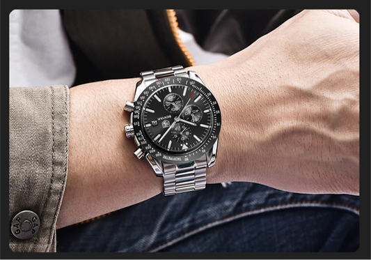 Stravaro ChronoSport Steel Watch with black dial shown on wrist, casual jacket style