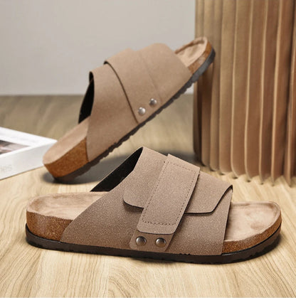 Taupe suede leather sandals with rivet details on cork sole, side profile