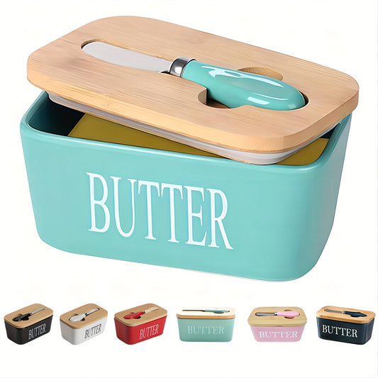 Tiffany Blue / Green ceramic butter dish with bamboo lid and spreader, front view