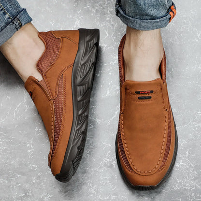 Top view of slip-on brown leather casual shoes with visible insole padding