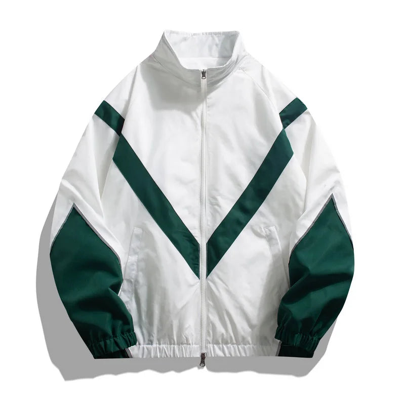 White and green windbreaker reflective sports jacket with V-stripe reflective panels