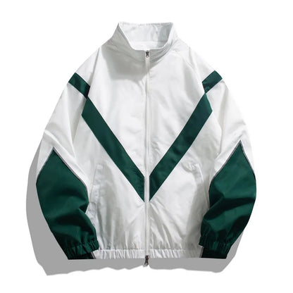 White and green windbreaker reflective sports jacket with V-stripe reflective panels