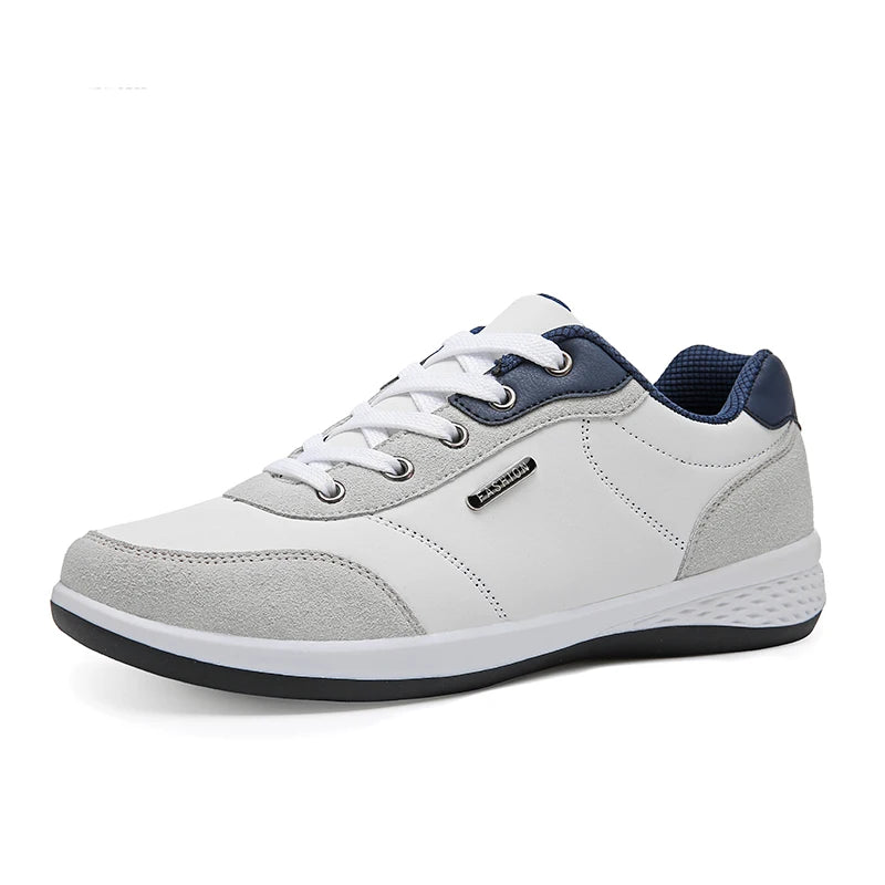 White and navy waterproof walking sneakers studio angle