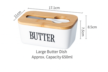 White ceramic butter dish with bamboo lid shown with measurement dimensions