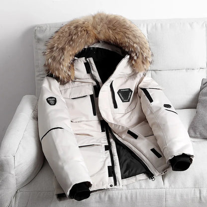 White men’s down parka jacket with fur hood, front view on sofa