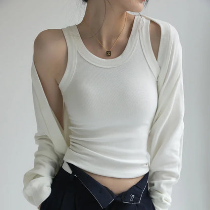 White ribbed tank top styled with open cardigan, minimalist summer look