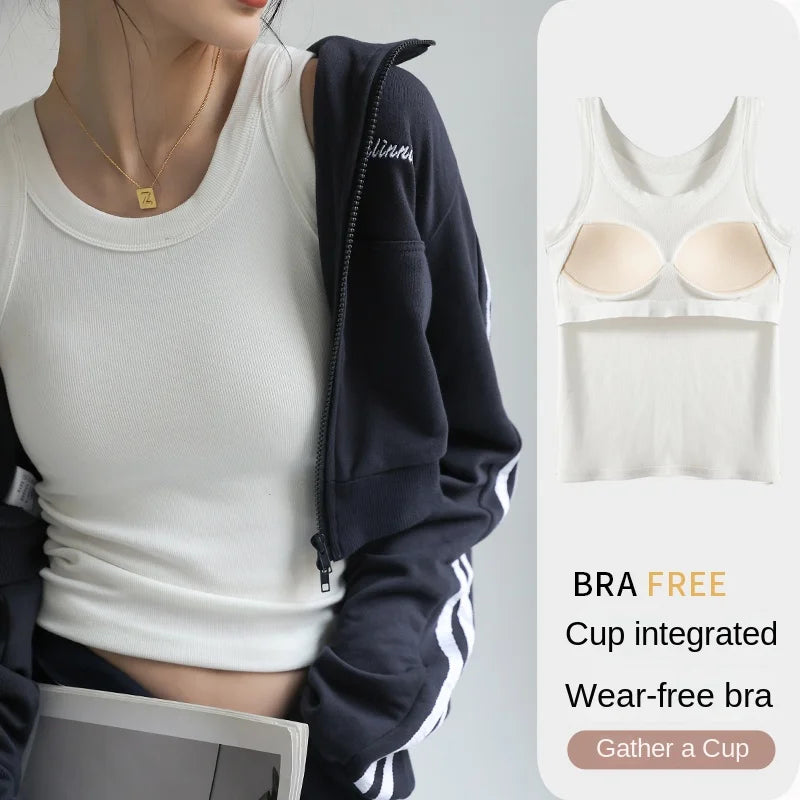 White ribbed tank top with chest support pads, casual layering style