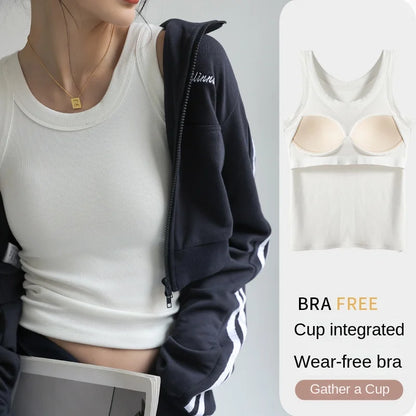 White ribbed tank top with chest support pads, casual layering style