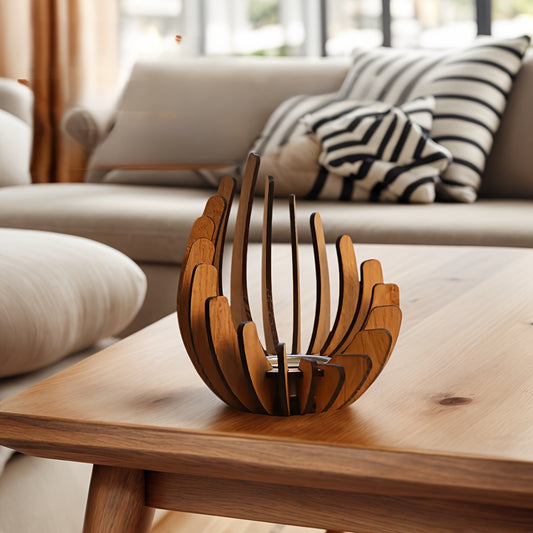 Wooden lotus candle holder on coffee table in sunlit living room