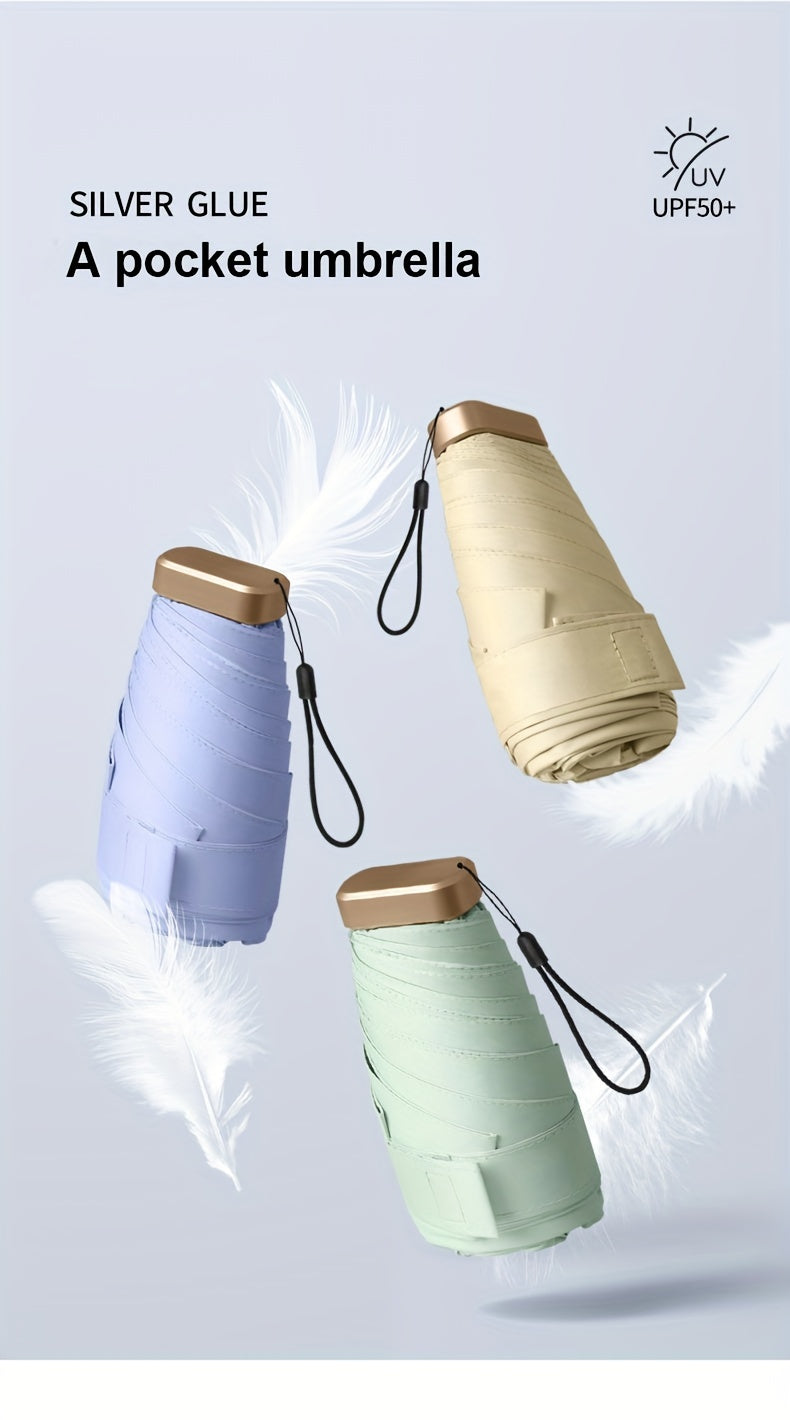 Compact 6-Rib Mini Folding Umbrella - Lightweight Durable Aluminum Alloy Handle & Frame, Manual Open/Close, Stylish Portable Design for Sun & Rain, Available in Pink, Blue, White, Gray - Cute Rain Gear with PVC Umbrella