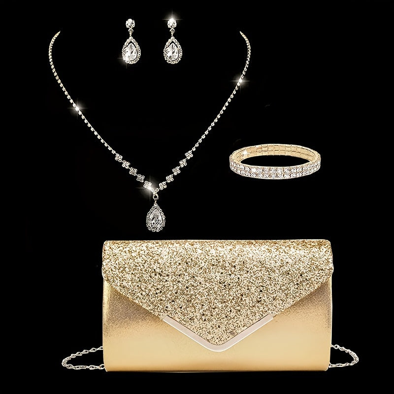 [4pcs Elegant Clutch Set] 4pcs Women's Elegant Sparkling Clutch Evening Bag Set | Decorative Chain Shoulder Bag, Rhinestone Necklace Earrings