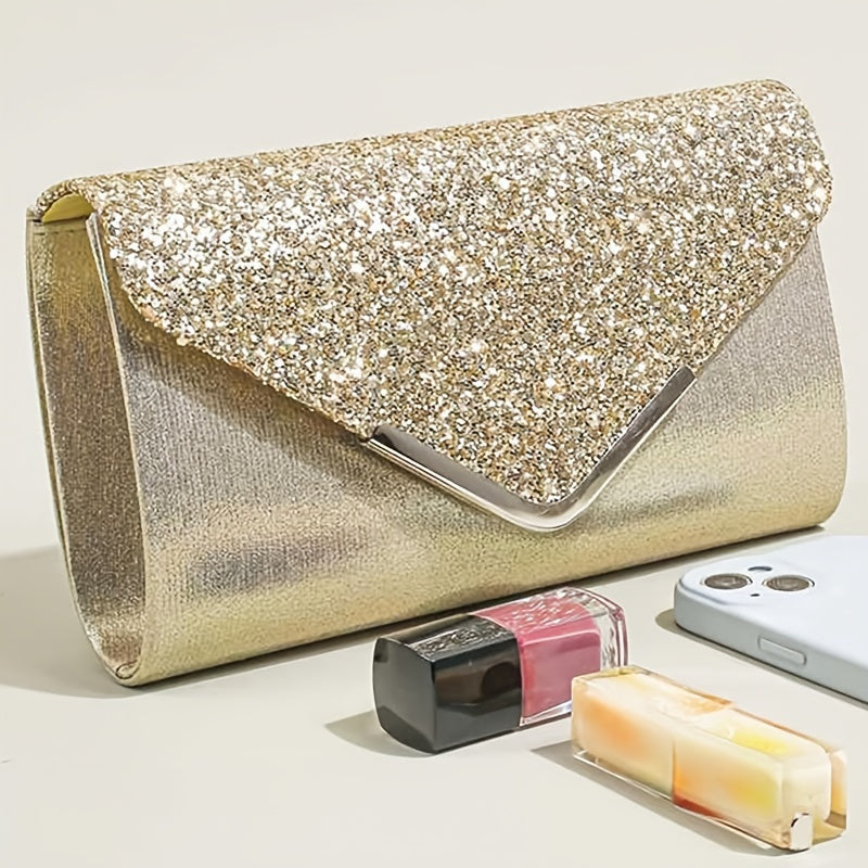 [4pcs Elegant Clutch Set] 4pcs Women's Elegant Sparkling Clutch Evening Bag Set | Decorative Chain Shoulder Bag, Rhinestone Necklace Earrings