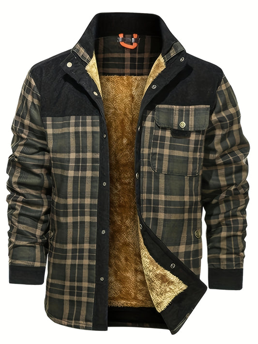 Men&apos;s Winter Fleece-Lined Plaid Jacket with Turn- Collar and Button Closure, Casual Style, Earthy Tones, Warm Polyester Lining, Perfect for Cold Weather, Cold Weather Apparel | Chest Pocket Jacket | Durable Wear, Winter