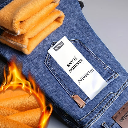 24 Autumn/Winter New Wthinlee Men's Fleece-Lined Thickened Jeans, Warm and Comfortable Straight-Leg Trousers for Work Casual Wear