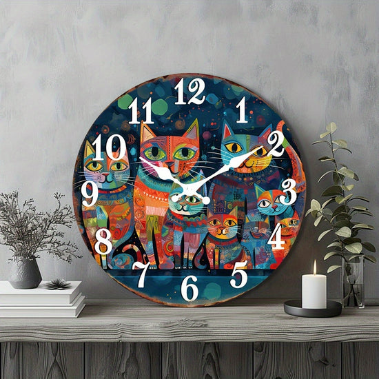 Rustic Wooden Cat Wall Clock  Silent EasytoRead Decor