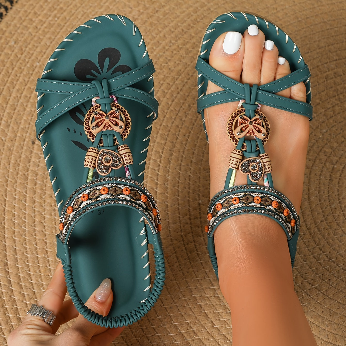 Womens Elegant Rhinestone Butterfly Flat Sandals  Comfortable SlipOn with Secure Elastic Strap for Summer