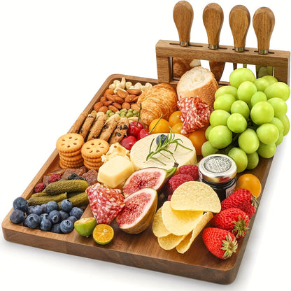 Minimalist cheese platter with marshmallows, citrus, and crackers on wooden board